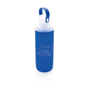 Wasserflasche aus Glas mit Silikonschutz blau
